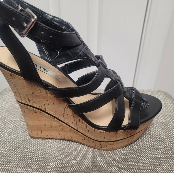 Guess Platform Leather Wedges Black - Picture 2 of 7